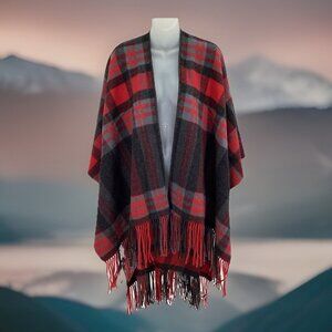 PENDLETON Womens Wool Plaid Cape Poncho Wrap OSFM Red Gray *No Material Tag*